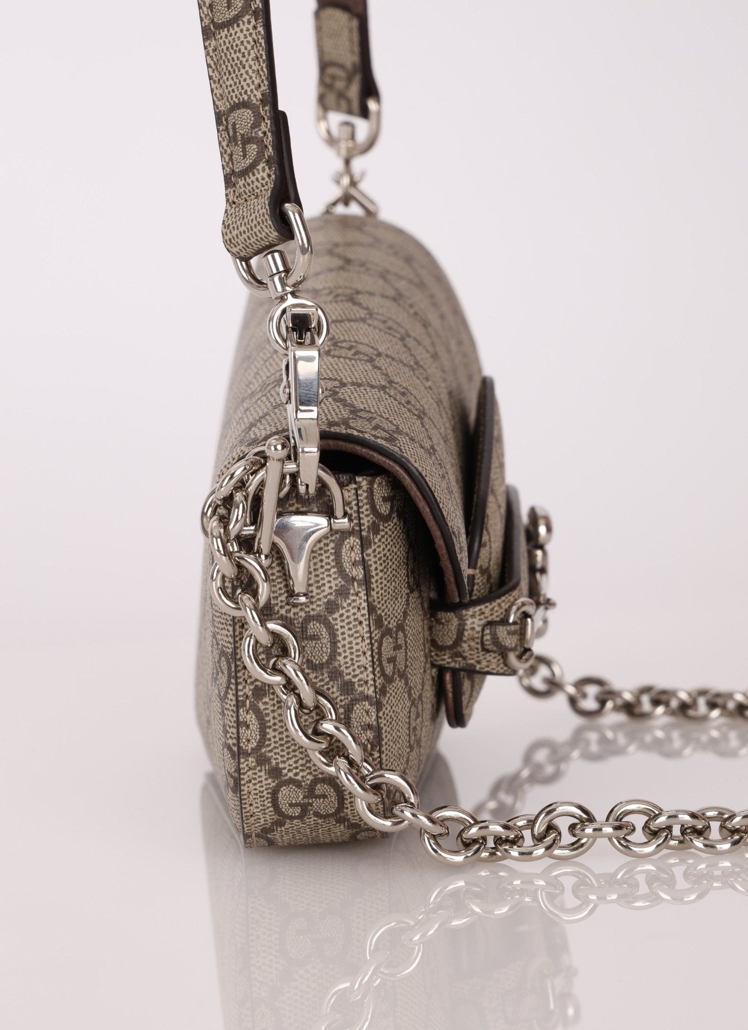 Gucci x Billie Eilish 1955 Coated Canvas Asymmetrical Horsebit Mini Shoulder Bag on Chain - FashioNica