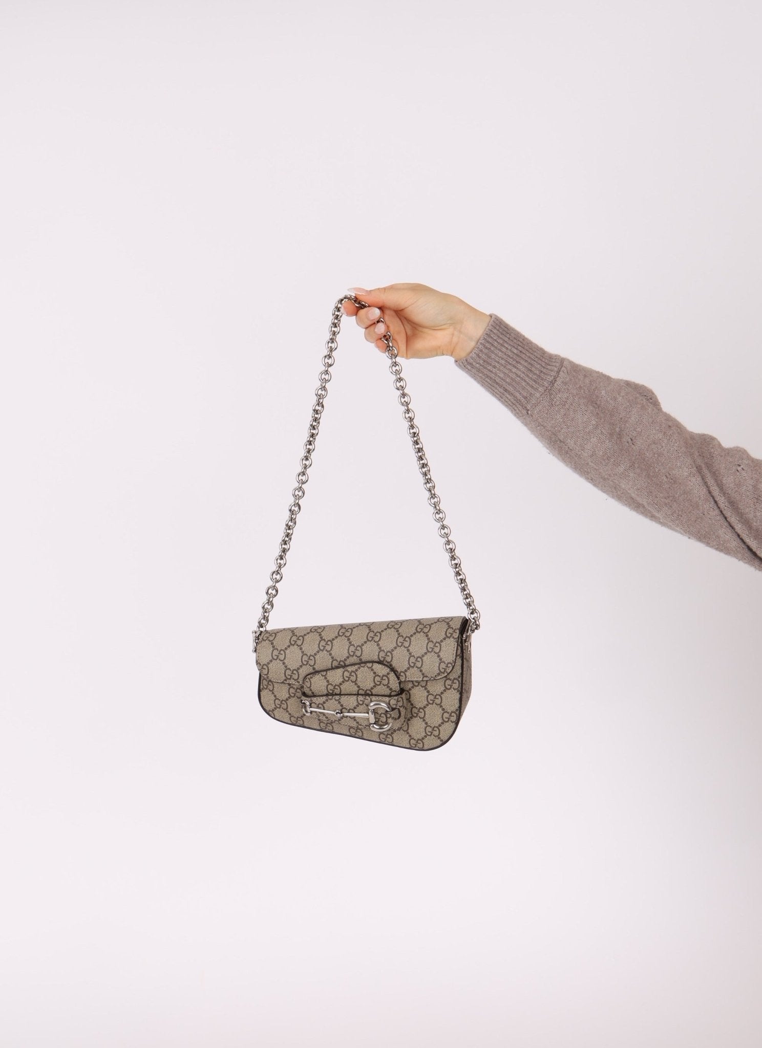 Gucci x Billie Eilish 1955 Coated Canvas Asymmetrical Horsebit Mini Shoulder Bag on Chain - FashioNica