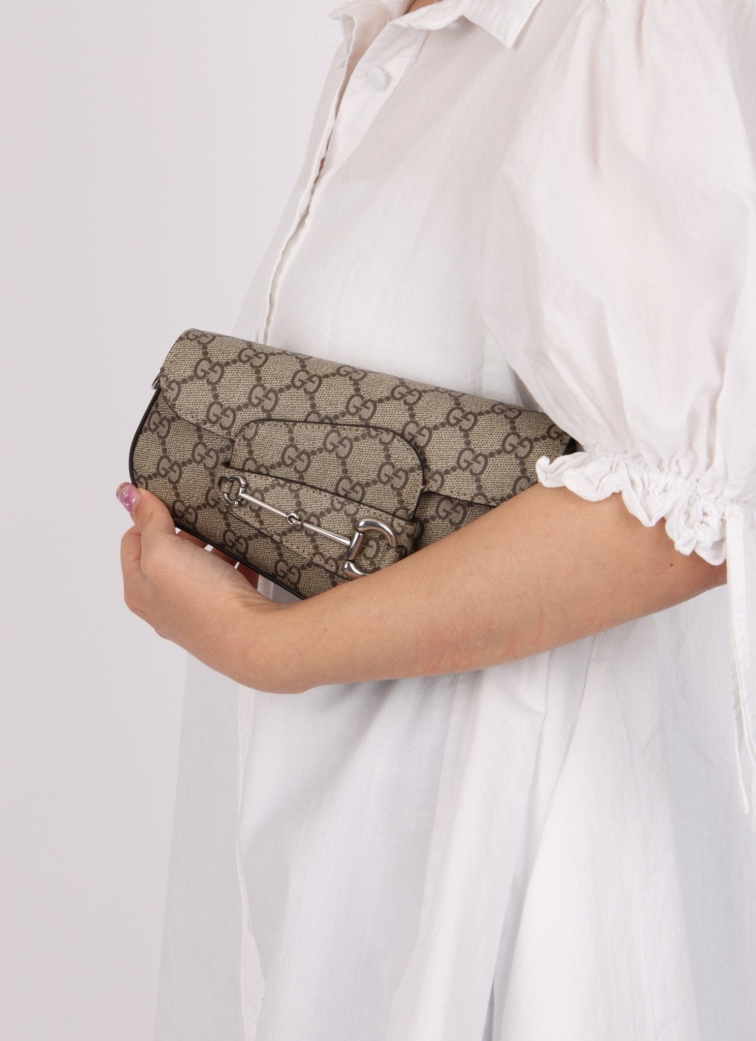 Gucci x Billie Eilish 1955 Coated Canvas Asymmetrical Horsebit Mini Shoulder Bag on Chain - FashioNica