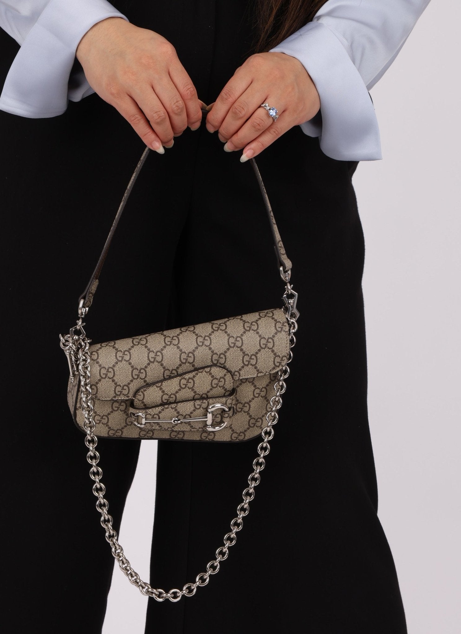 Gucci x Billie Eilish 1955 Coated Canvas Asymmetrical Horsebit Mini Shoulder Bag on Chain - FashioNica
