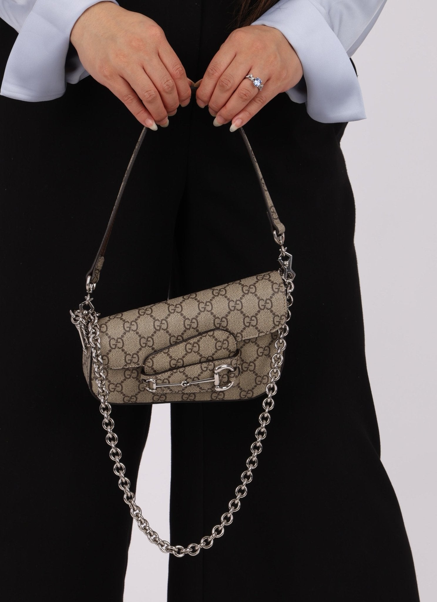 Gucci x Billie Eilish 1955 Coated Canvas Asymmetrical Horsebit Mini Shoulder Bag on Chain - FashioNica