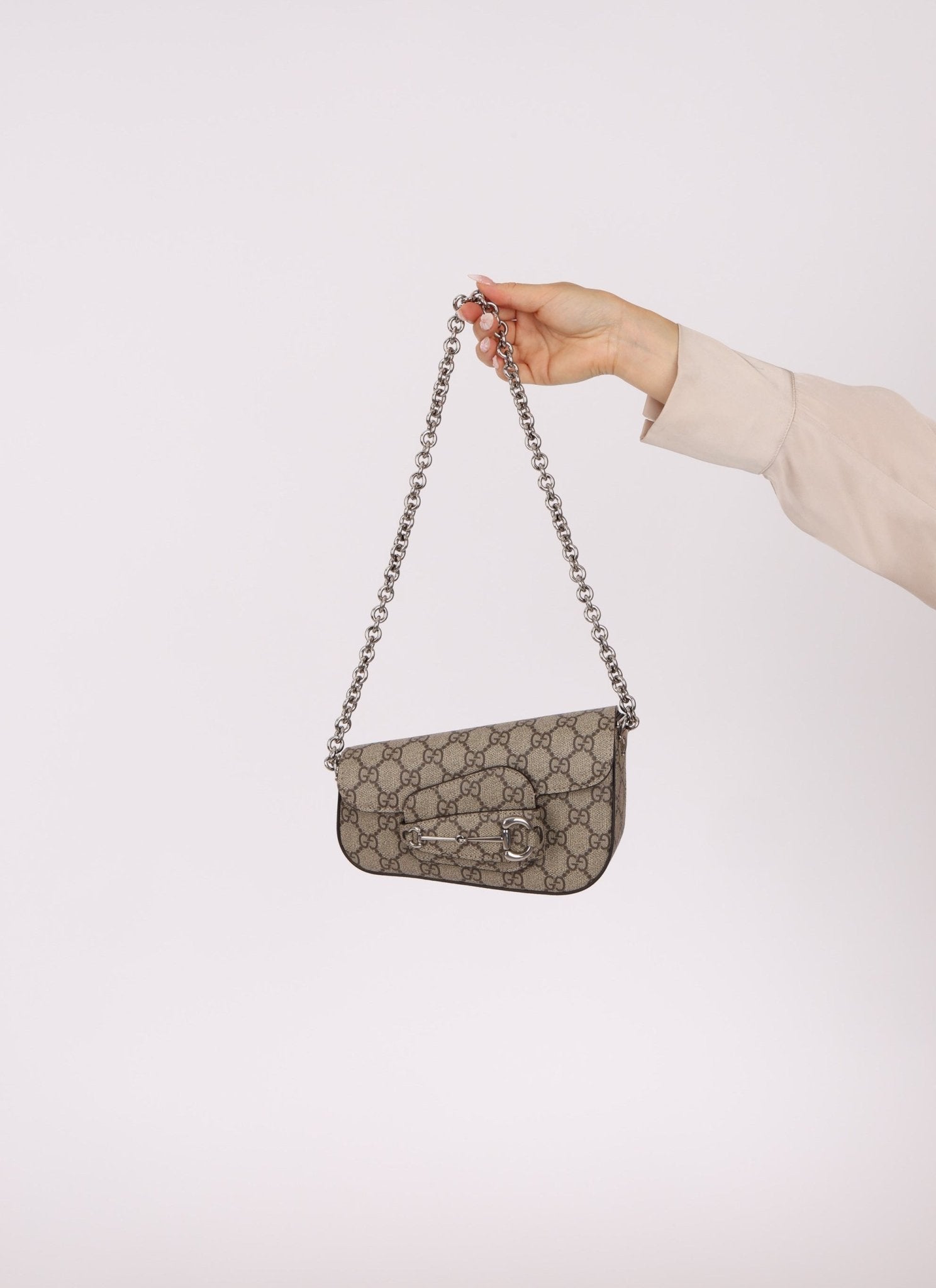 Gucci x Billie Eilish 1955 Coated Canvas Asymmetrical Horsebit Mini Shoulder Bag on Chain - FashioNica