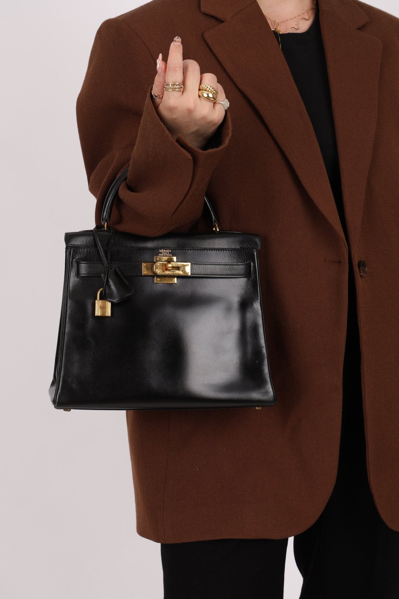 Hermès 1964 Noir Box Calf Retourne Kelly 28 - FashioNica