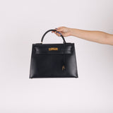 Hermès 1966 Bleu Marine Boxcalf Sellier Kelly 32 GHW - FashioNica