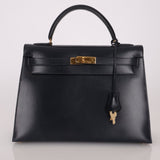 Hermès 1966 Bleu Marine Boxcalf Sellier Kelly 32 GHW - FashioNica