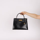 Hermès 1986 Noir Box Kelly 28 Sellier GHW - FashioNica