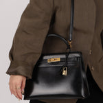 Hermès 1986 Noir Box Kelly 28 Sellier GHW - FashioNica