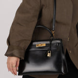 Hermès 1986 Noir Box Kelly 28 Sellier GHW - FashioNica