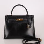 Hermès 1986 Noir Box Kelly 28 Sellier GHW - FashioNica
