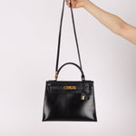 Hermès 1986 Noir Box Kelly 28 Sellier GHW - FashioNica