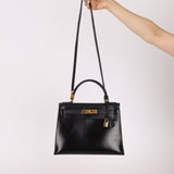 Hermès 1986 Noir Box Kelly 28 Sellier GHW - FashioNica