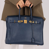 Hermès 1996 Bleu De Prusse Clemence Birkin 35 Retourne GHW - FashioNica