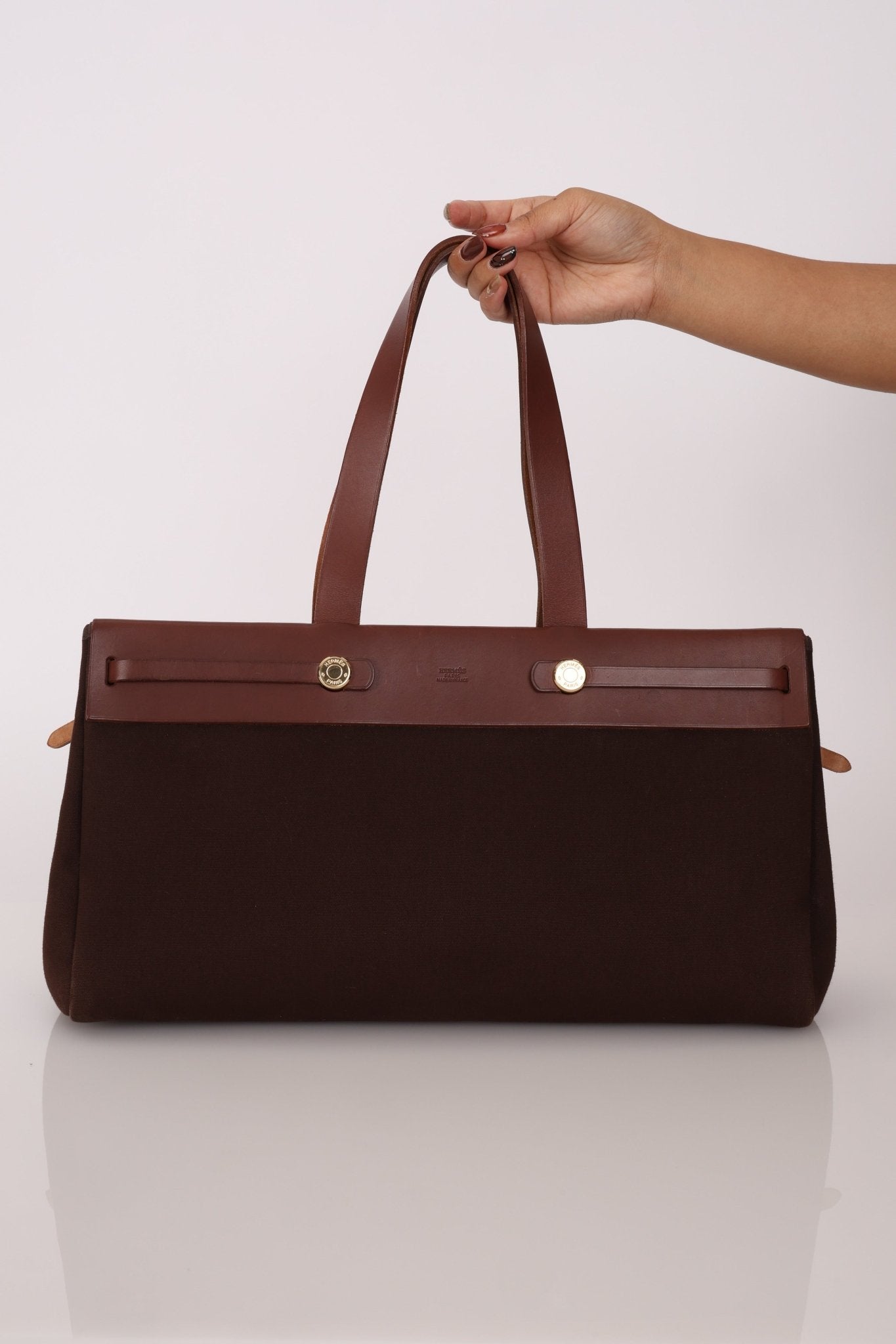 Hermès 2002 Rouge Sellier Vache Hunter and Ebene Toile Cabas Herbag 38 GHW - FashioNica