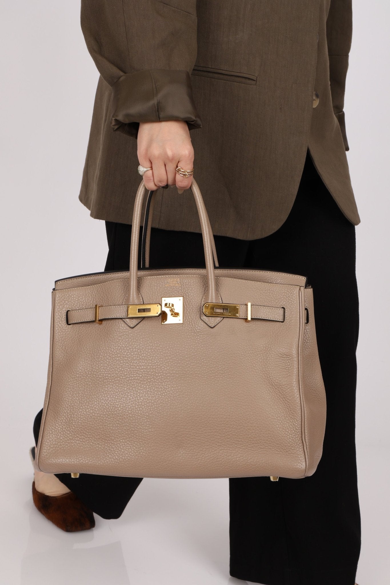 Hermès 2010 Gris Tourterelle Clemence Birkin 35 Retourne GHW - FashioNica