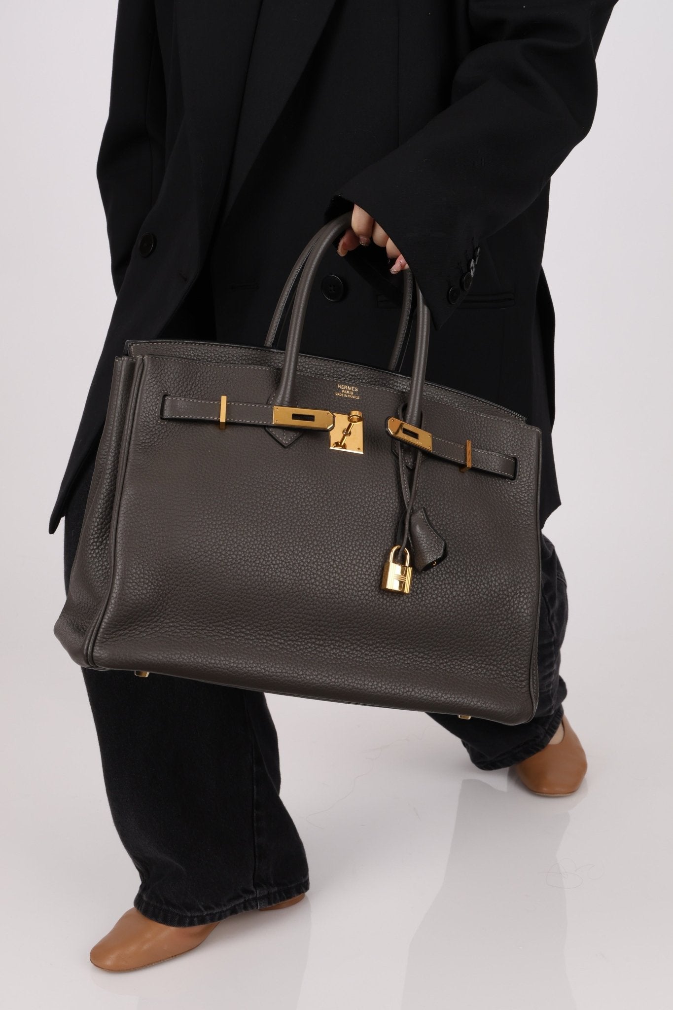 Hermès 2011 Gris Etain Clemence Retourne Birkin 35 GHW - FashioNica