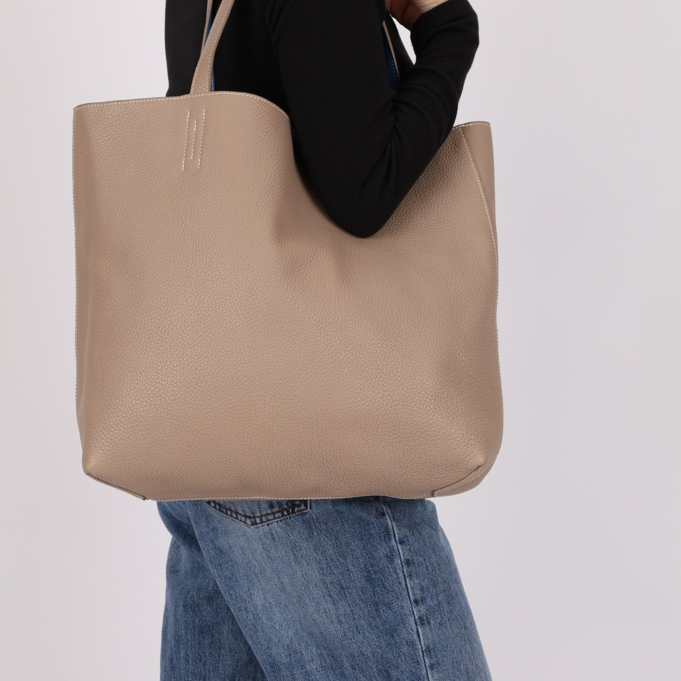 Hermès 2011 Mykonos Blue Gris Tourterelle Taurillon Clemence Double Sens 36 Reversible Tote - FashioNica