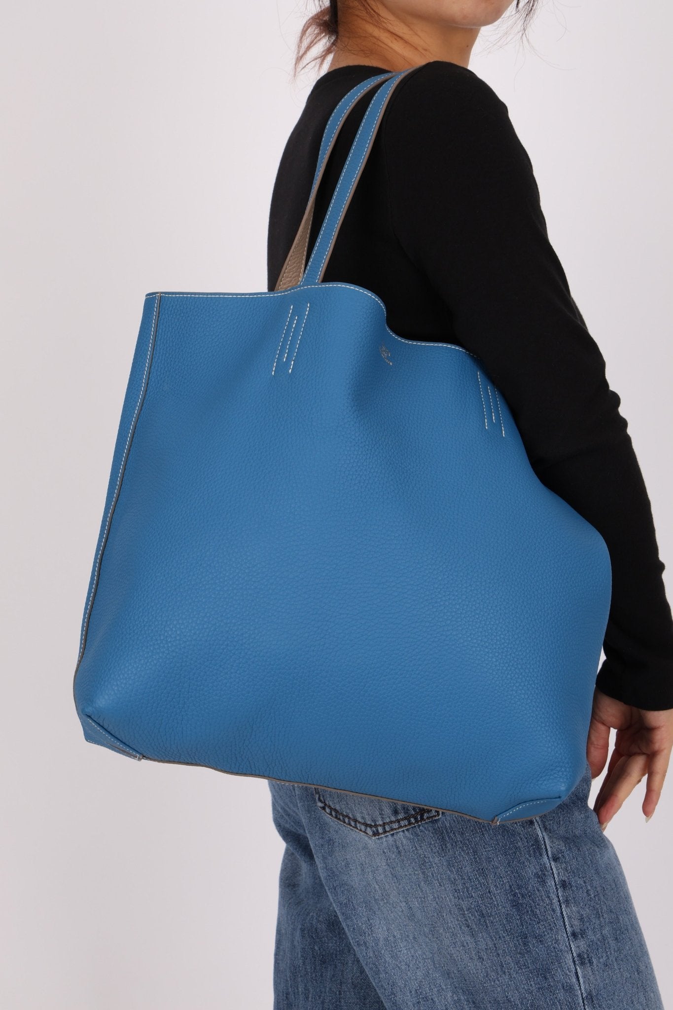 Hermès 2011 Mykonos Blue Gris Tourterelle Taurillon Clemence Double Sens 36 Reversible Tote - FashioNica