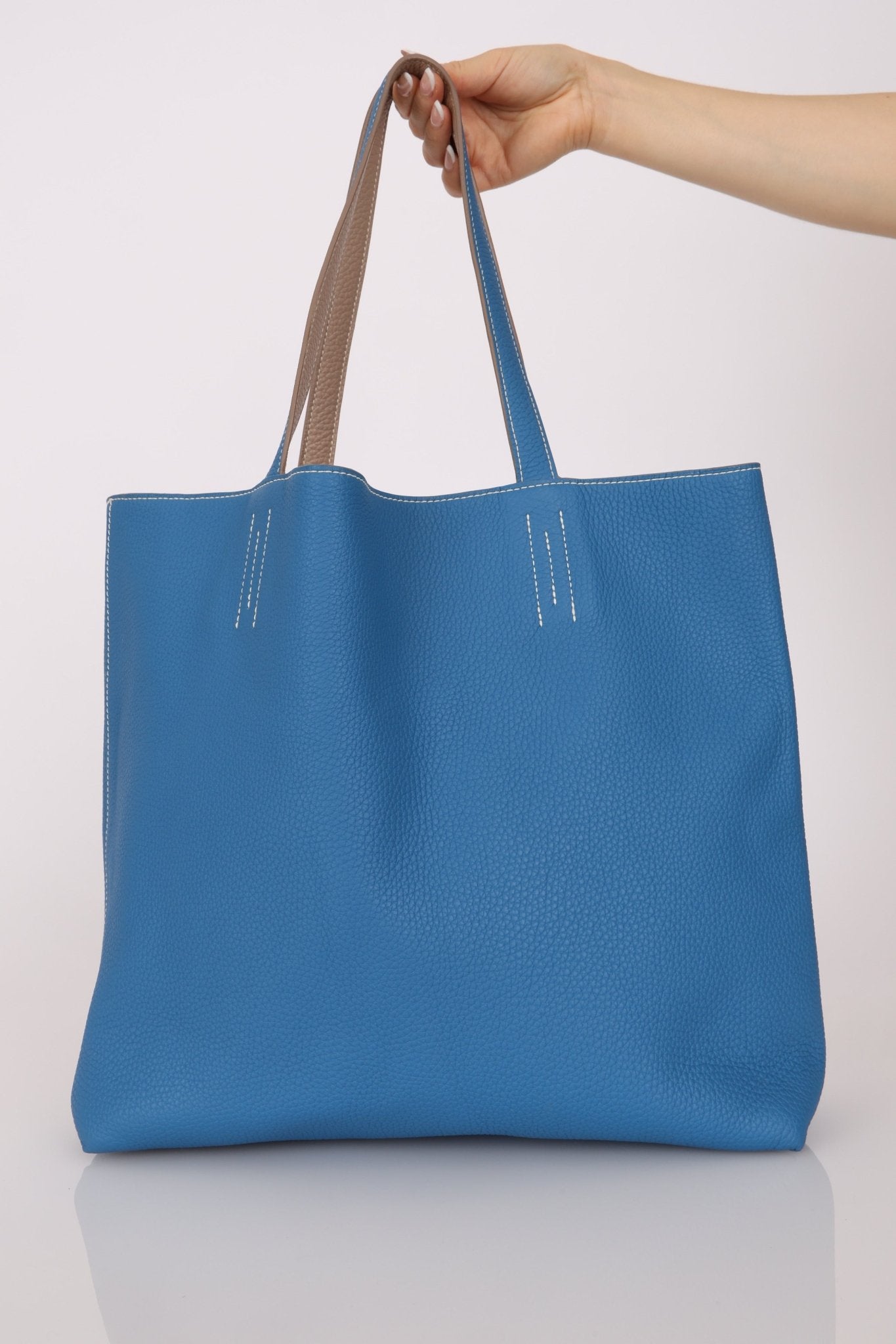 Hermès 2011 Mykonos Blue Gris Tourterelle Taurillon Clemence Double Sens 36 Reversible Tote - FashioNica