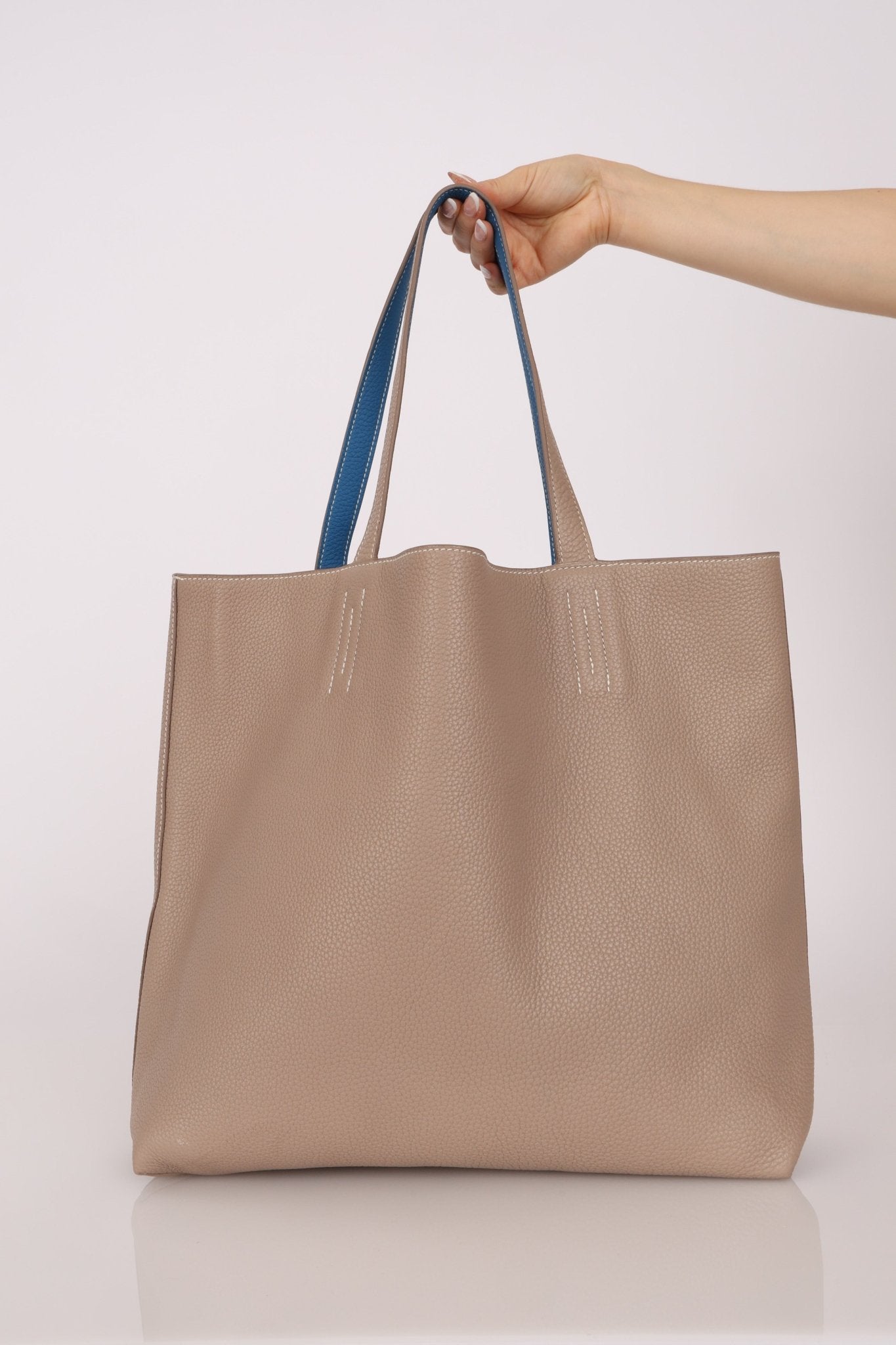 Hermès 2011 Mykonos Blue Gris Tourterelle Taurillon Clemence Double Sens 36 Reversible Tote - FashioNica