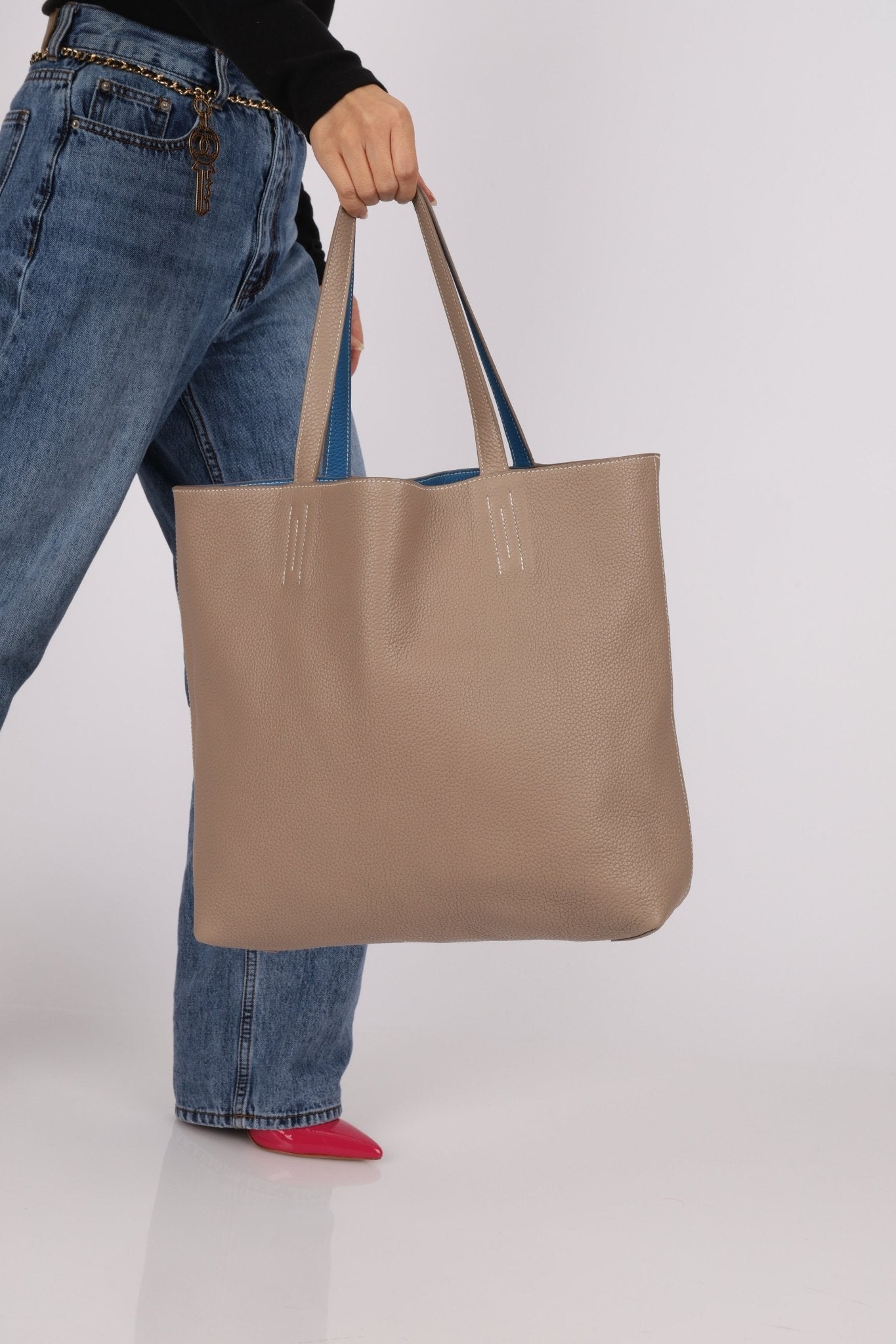 Hermès 2011 Mykonos Blue Gris Tourterelle Taurillon Clemence Double Sens 36 Reversible Tote - FashioNica