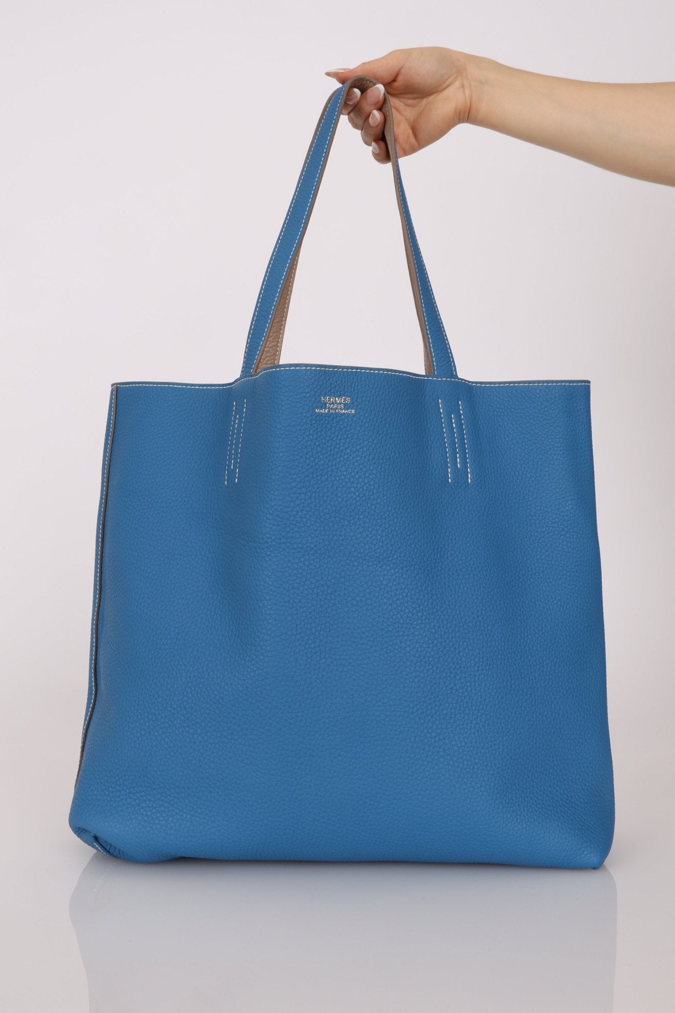 Hermès 2011 Mykonos Blue Gris Tourterelle Taurillon Clemence Double Sens 36 Reversible Tote - FashioNica