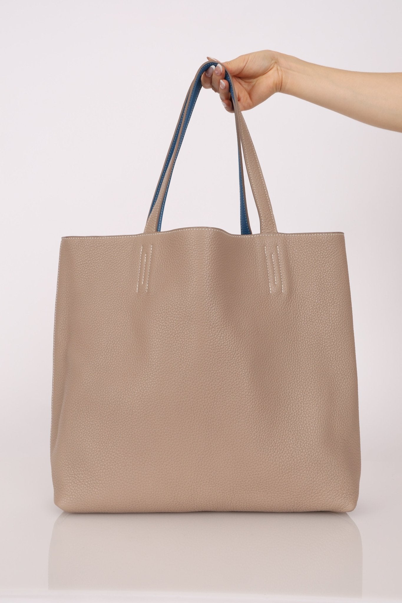 Hermès 2011 Mykonos Blue Gris Tourterelle Taurillon Clemence Double Sens 36 Reversible Tote - FashioNica