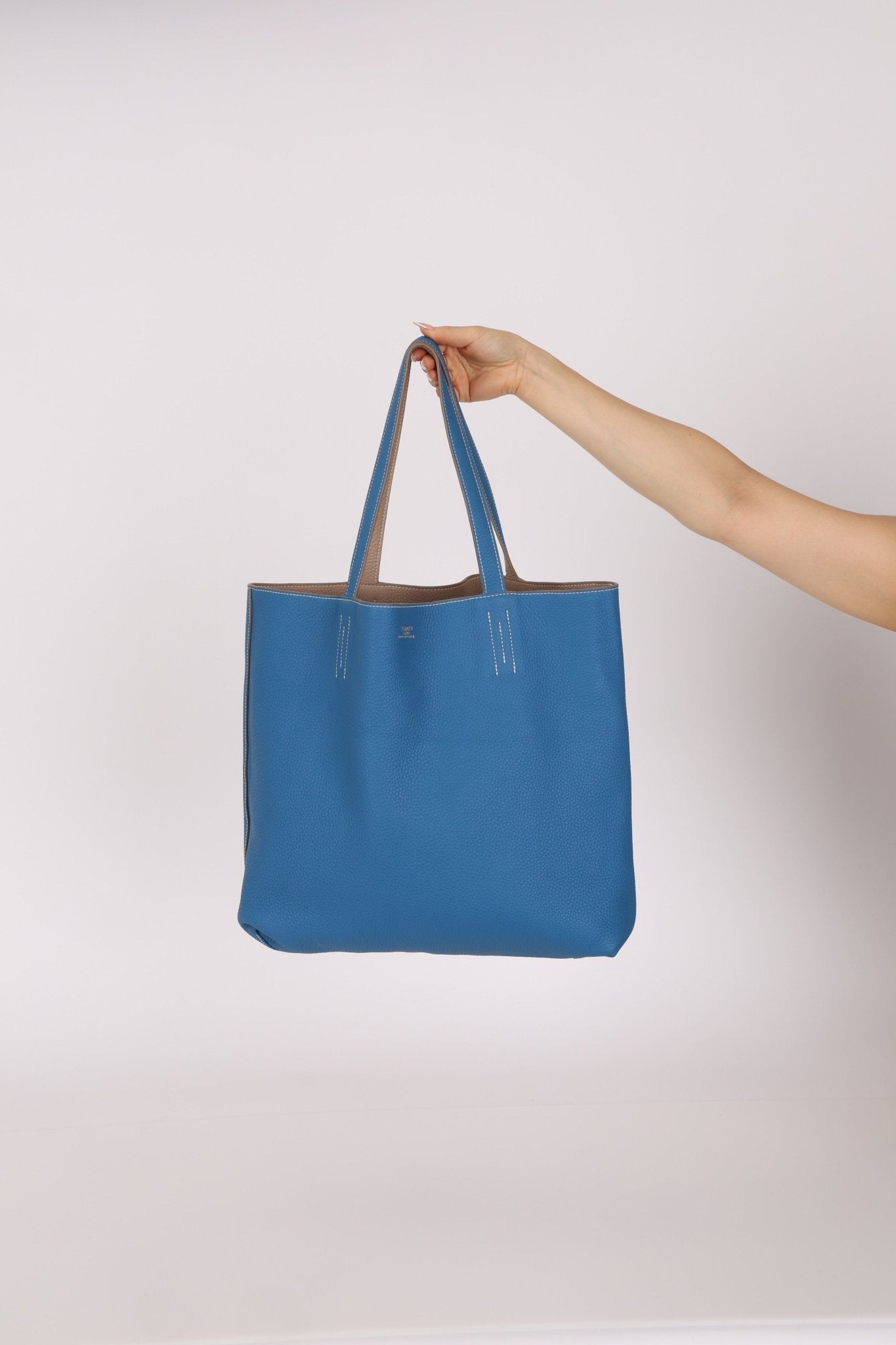Hermès 2011 Mykonos Blue Gris Tourterelle Taurillon Clemence Double Sens 36 Reversible Tote - FashioNica