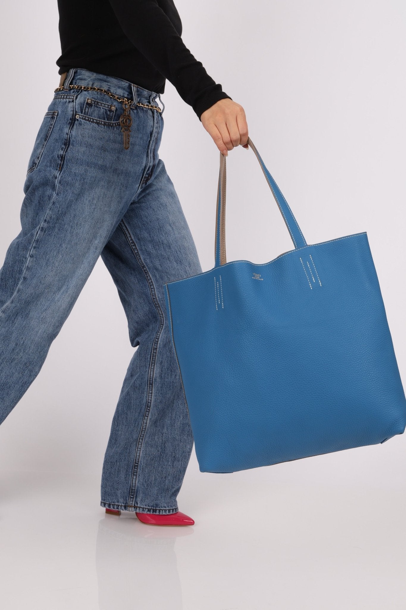 Hermès 2011 Mykonos Blue Gris Tourterelle Taurillon Clemence Double Sens 36 Reversible Tote - FashioNica