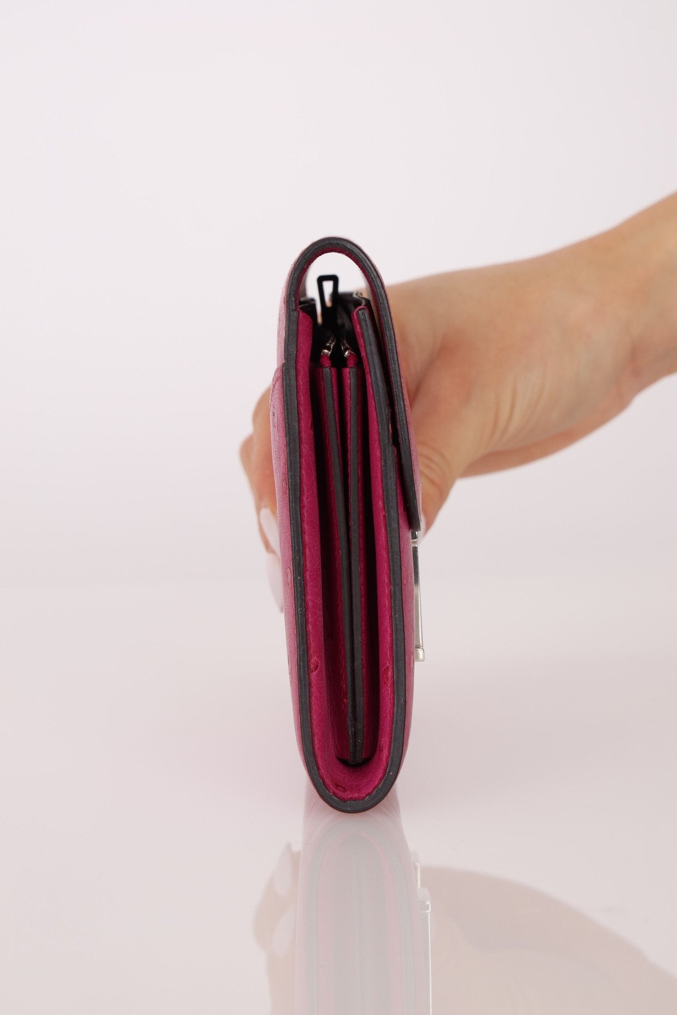 Hermès 2018 Rose Pourpre Ostrich Constance Short Wallet PHW with Chain - FashioNica