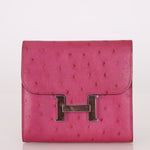 Hermès 2018 Rose Pourpre Ostrich Constance Short Wallet PHW with Chain - FashioNica