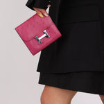 Hermès 2018 Rose Pourpre Ostrich Constance Short Wallet PHW with Chain - FashioNica