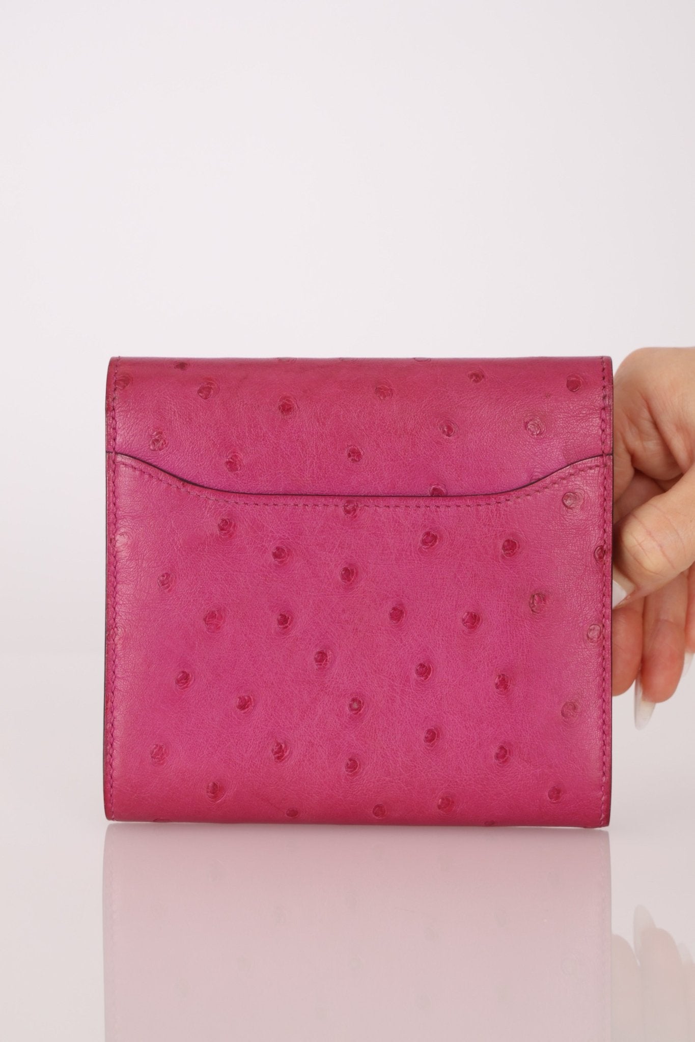 Hermès 2018 Rose Pourpre Ostrich Constance Short Wallet PHW with Chain - FashioNica