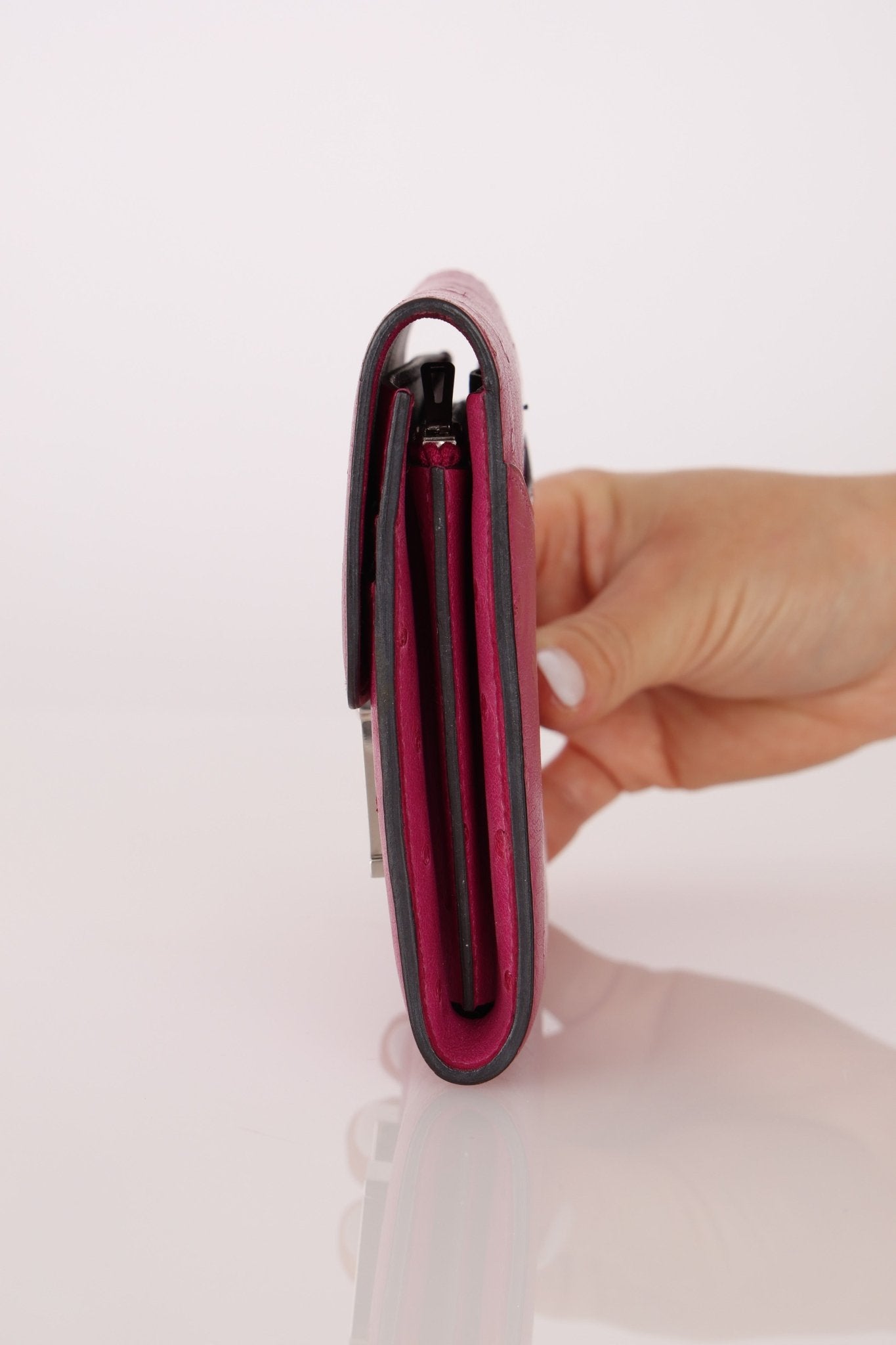 Hermès 2018 Rose Pourpre Ostrich Constance Short Wallet PHW with Chain - FashioNica