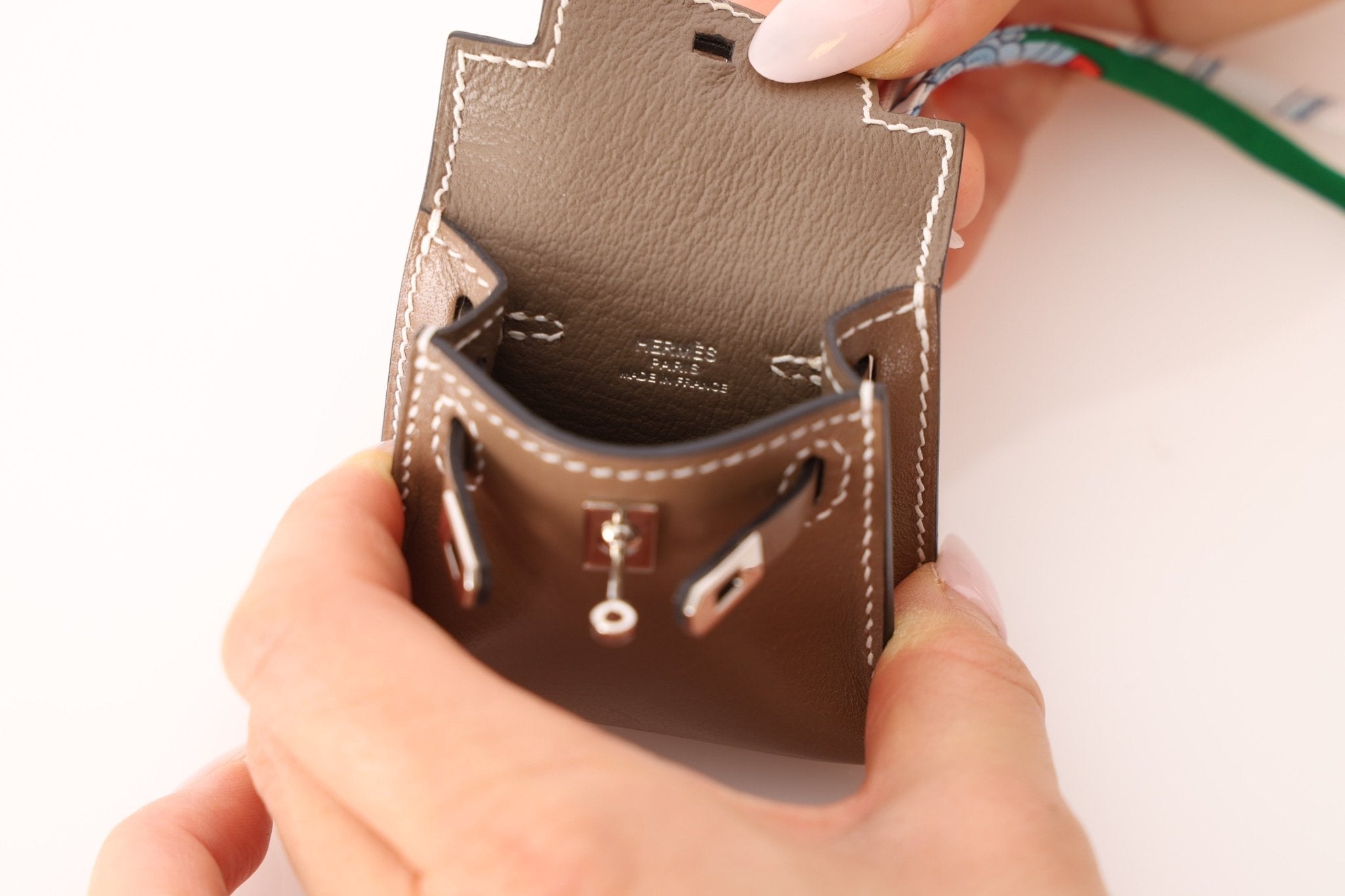 Hermès 2020 Etoupe Tadelakt Micro Kelly Twilly Bag Charm - FashioNica