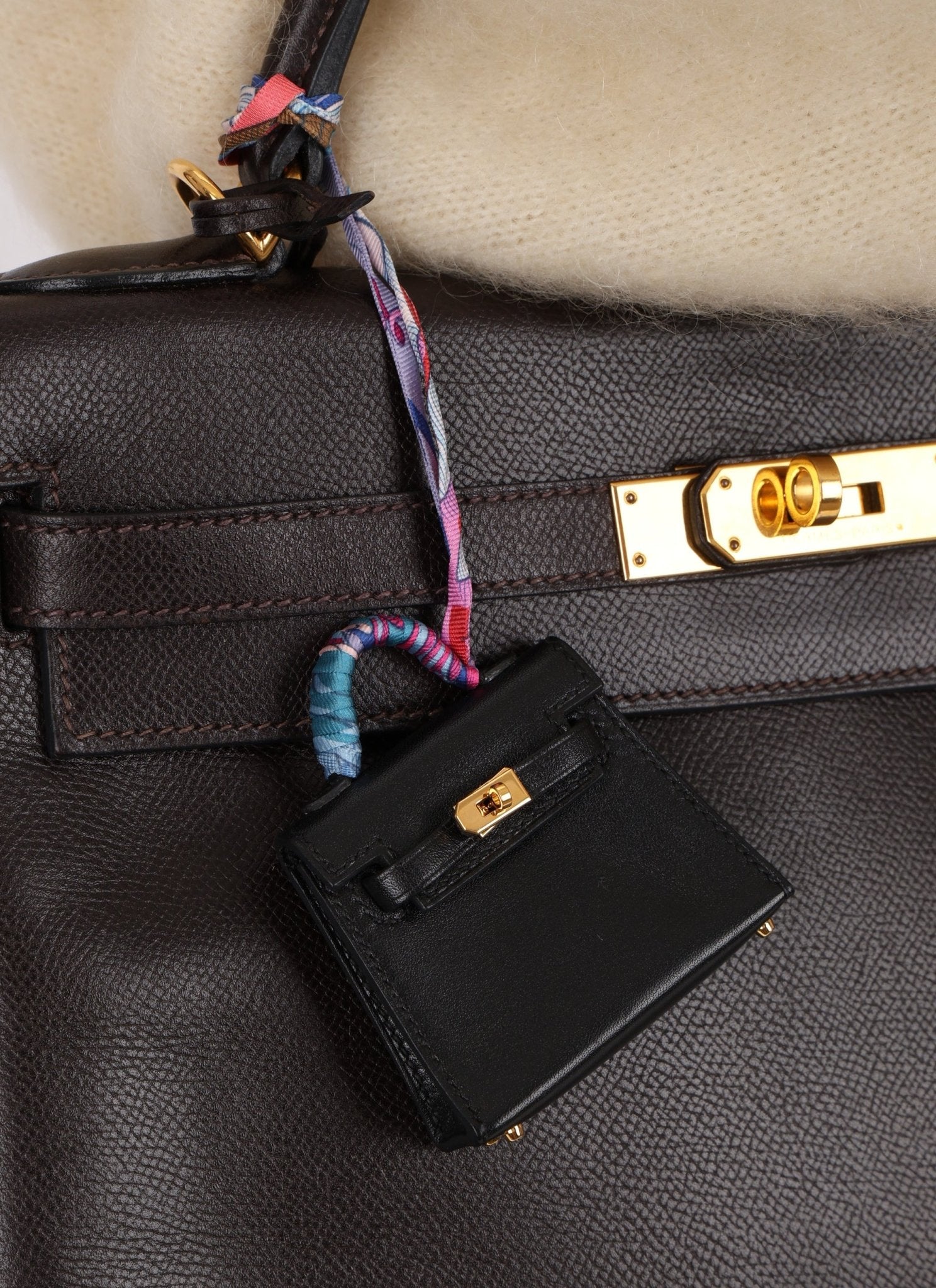 Hermès Noir Tadelakt Micro Kelly Twilly Bag Charm GHW - FashioNica