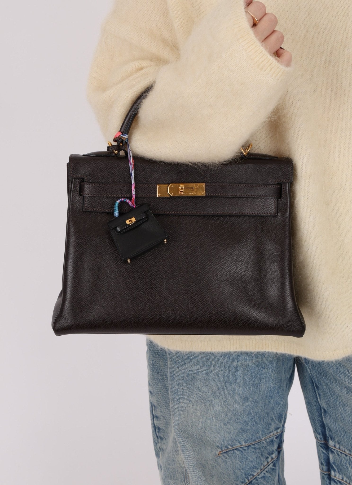 Hermès Noir Tadelakt Micro Kelly Twilly Bag Charm GHW - FashioNica