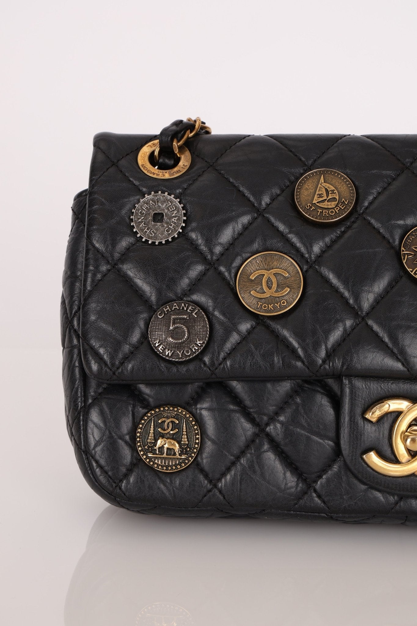 Limited Edition Chanel 2015 Aged Calfskin Paris - Dubai Coin Medallion Small Classic Flap - FashioNica
