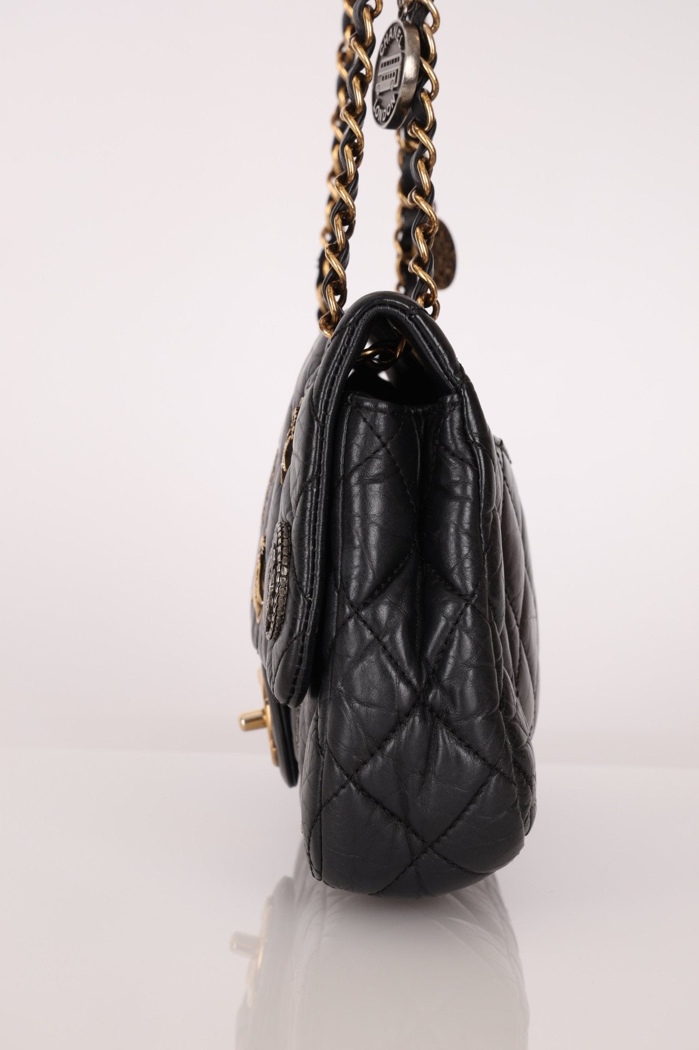 Limited Edition Chanel 2015 Aged Calfskin Paris - Dubai Coin Medallion Small Classic Flap - FashioNica