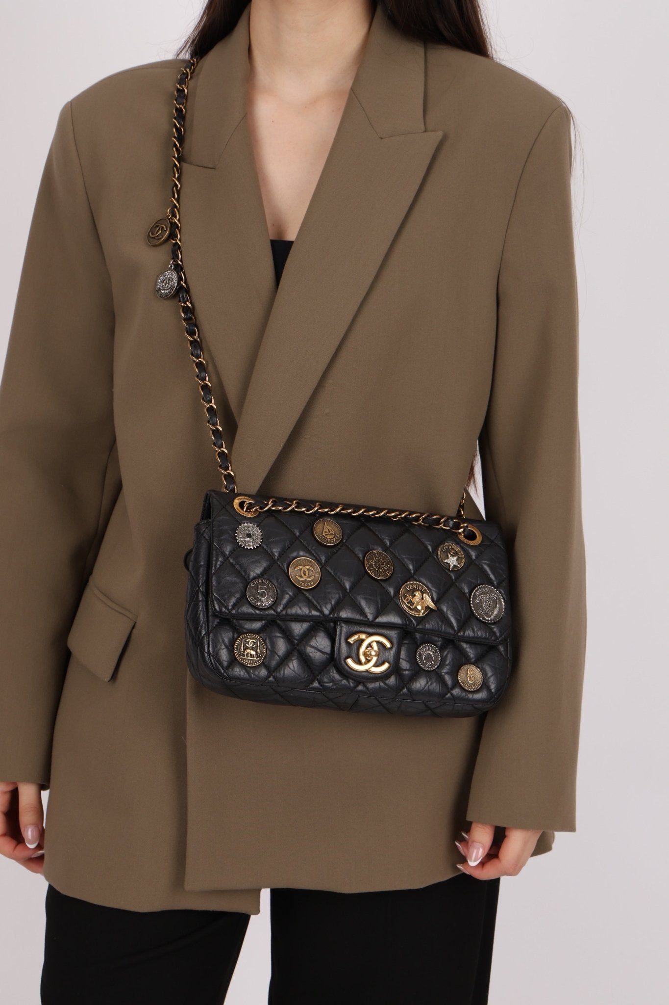 Limited Edition Chanel 2015 Aged Calfskin Paris - Dubai Coin Medallion Small Classic Flap - FashioNica