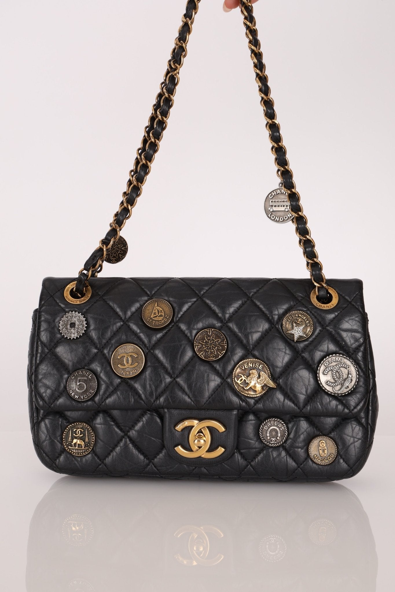Limited Edition Chanel 2015 Aged Calfskin Paris - Dubai Coin Medallion Small Classic Flap - FashioNica