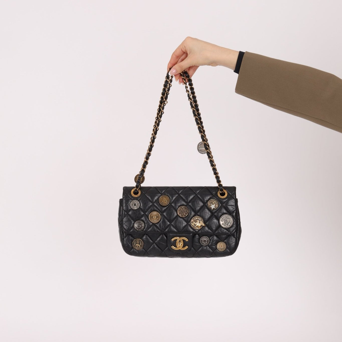 Limited Edition Chanel 2015 Aged Calfskin Paris - Dubai Coin Medallion Small Classic Flap - FashioNica