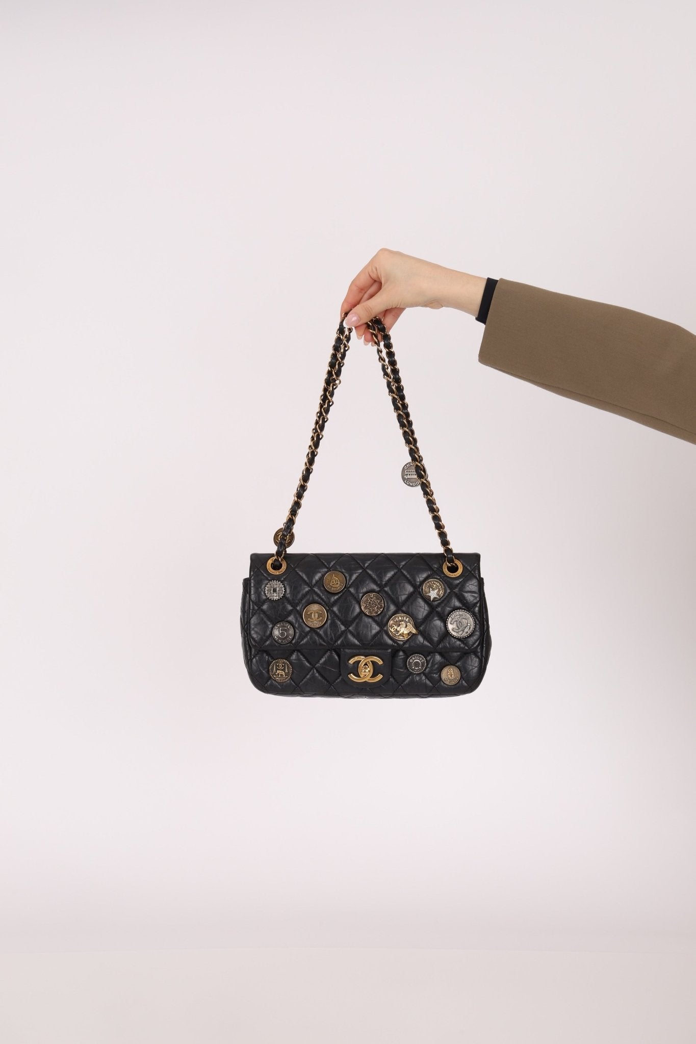 Limited Edition Chanel 2015 Aged Calfskin Paris - Dubai Coin Medallion Small Classic Flap - FashioNica