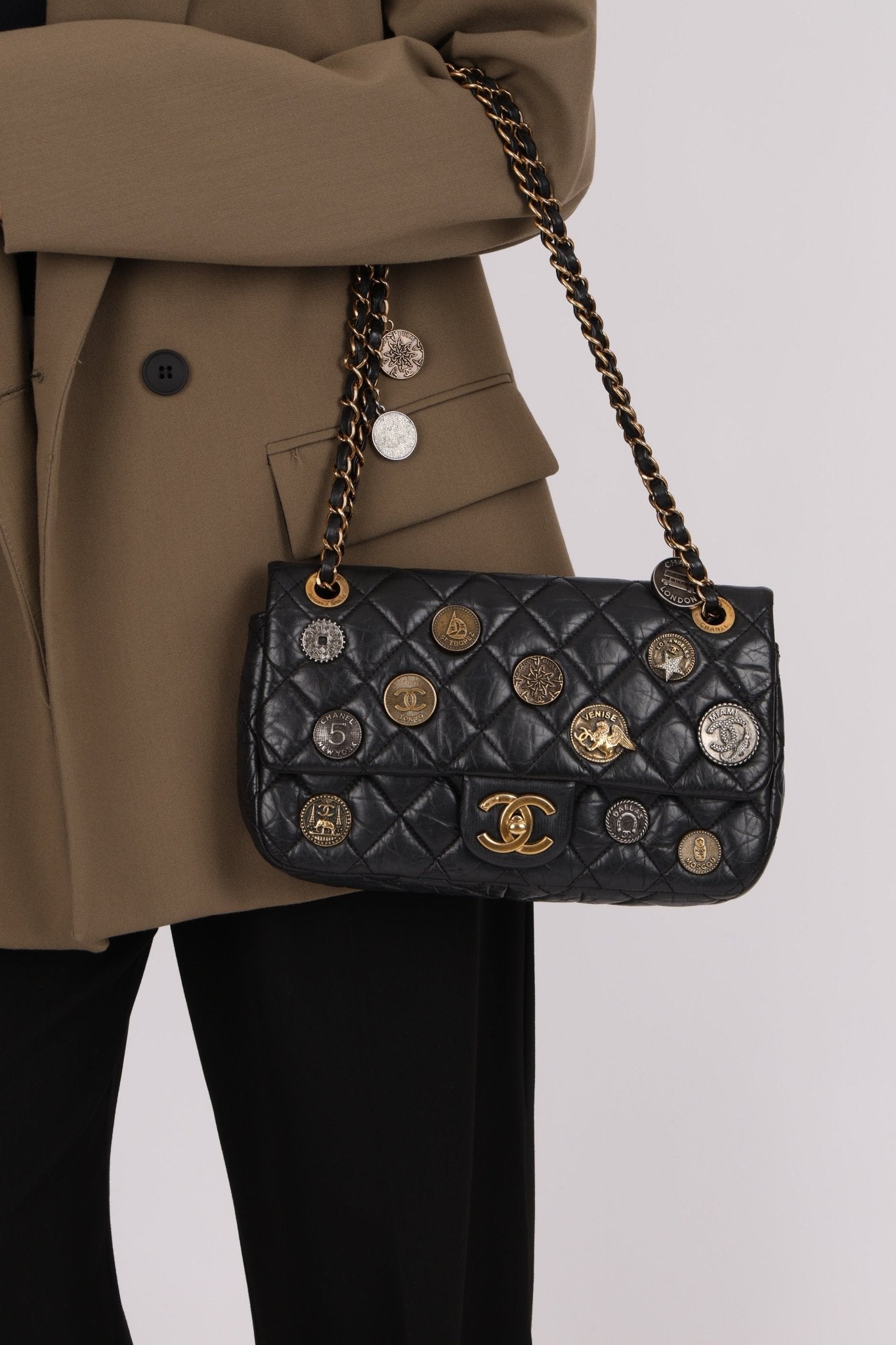 Limited Edition Chanel 2015 Aged Calfskin Paris - Dubai Coin Medallion Small Classic Flap - FashioNica