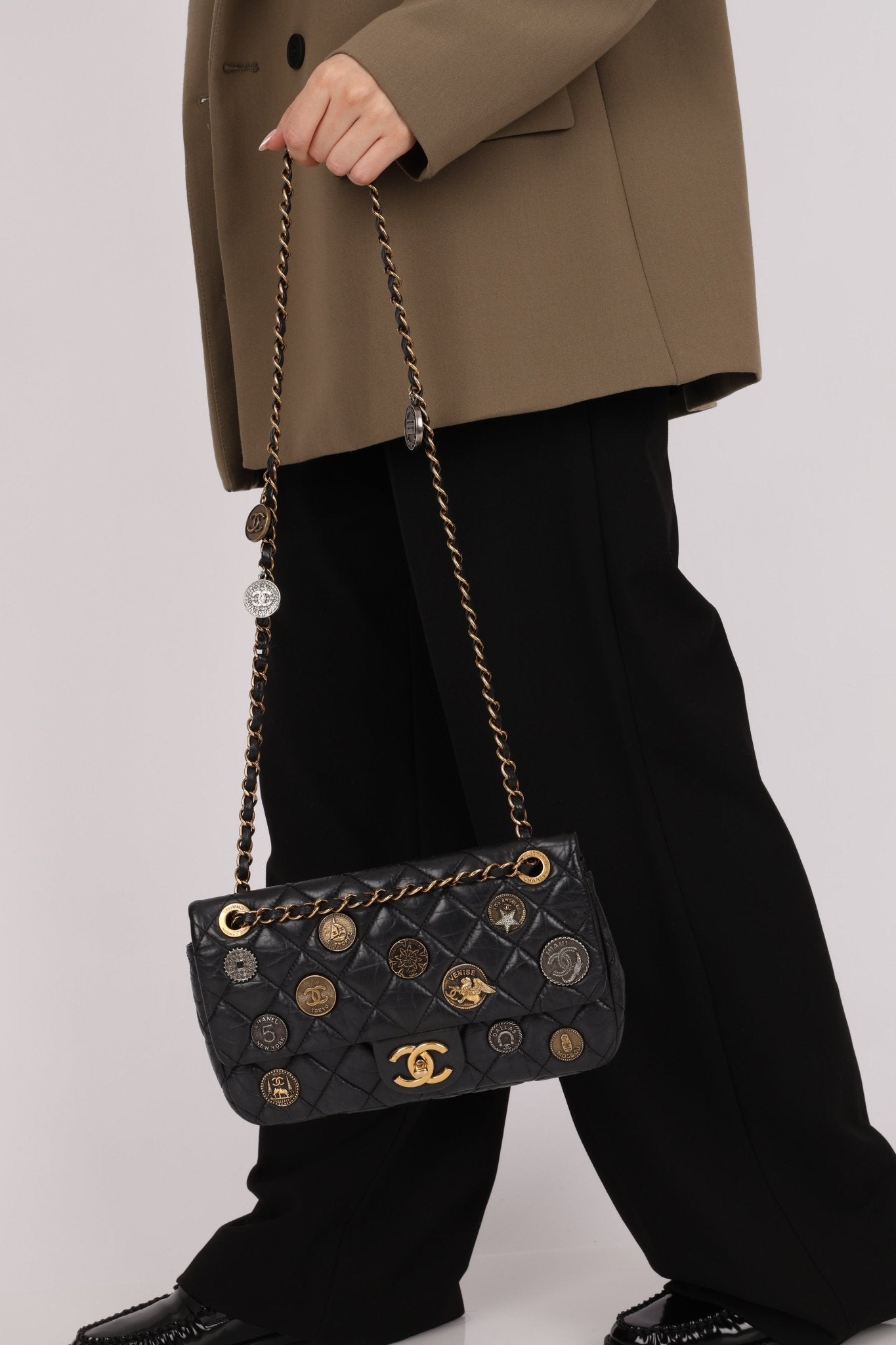 Limited Edition Chanel 2015 Aged Calfskin Paris - Dubai Coin Medallion Small Classic Flap - FashioNica