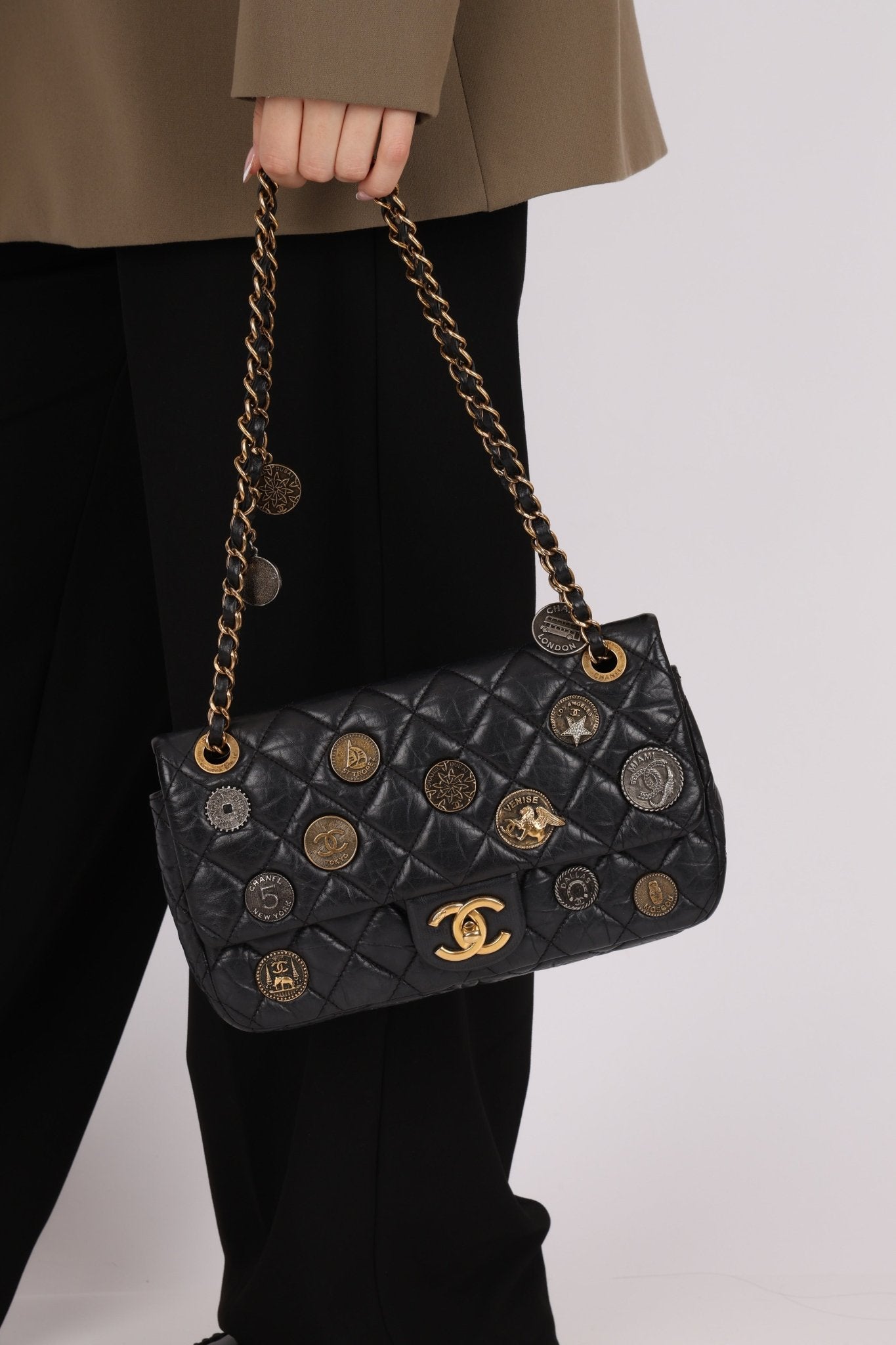 Limited Edition Chanel 2015 Aged Calfskin Paris - Dubai Coin Medallion Small Classic Flap - FashioNica