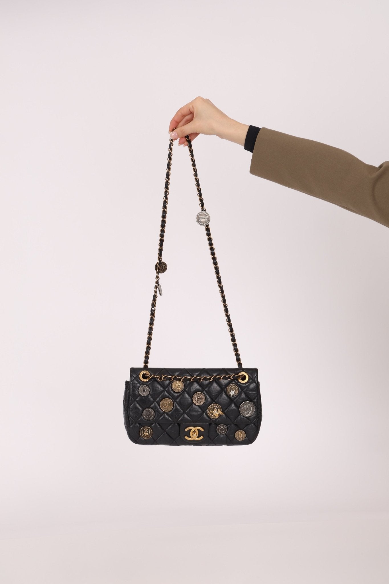 Limited Edition Chanel 2015 Aged Calfskin Paris - Dubai Coin Medallion Small Classic Flap - FashioNica