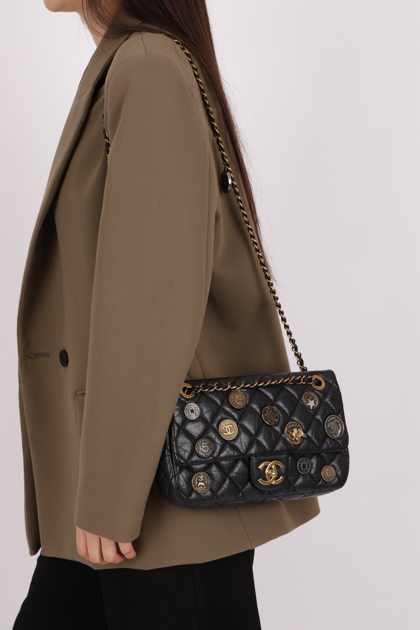 Limited Edition Chanel 2015 Aged Calfskin Paris - Dubai Coin Medallion Small Classic Flap - FashioNica