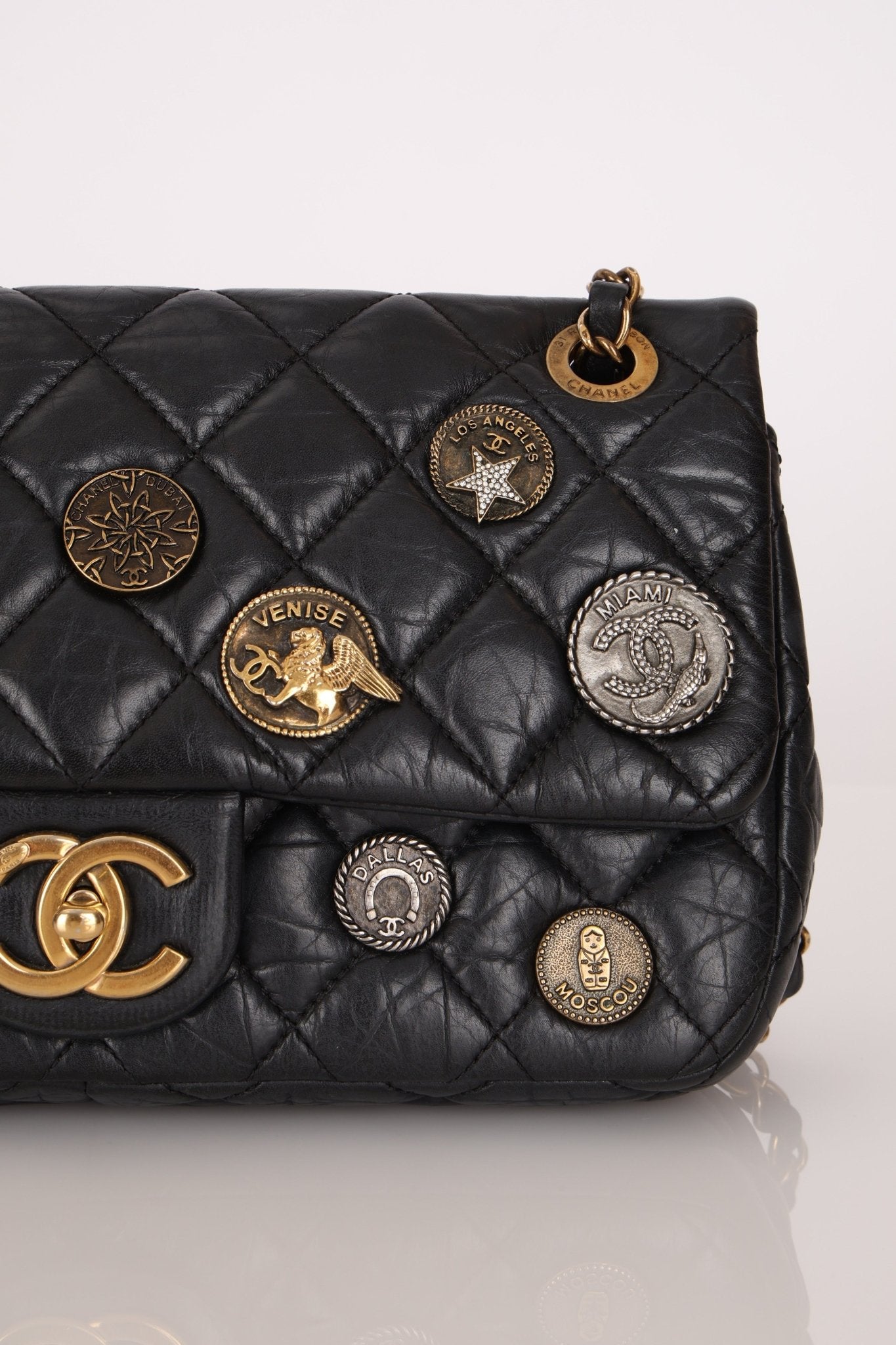 Limited Edition Chanel 2015 Aged Calfskin Paris - Dubai Coin Medallion Small Classic Flap - FashioNica