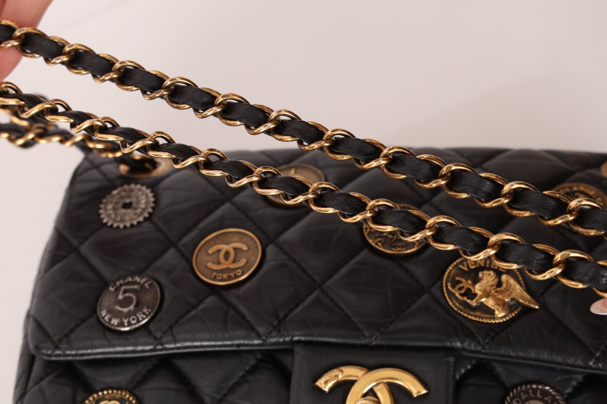 Limited Edition Chanel 2015 Aged Calfskin Paris - Dubai Coin Medallion Small Classic Flap - FashioNica