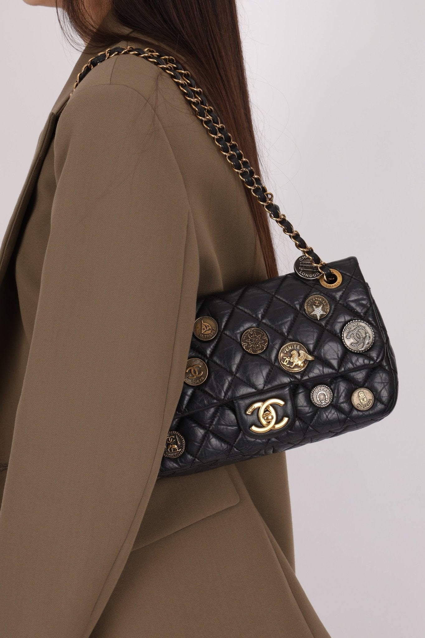 Limited Edition Chanel 2015 Aged Calfskin Paris - Dubai Coin Medallion Small Classic Flap - FashioNica